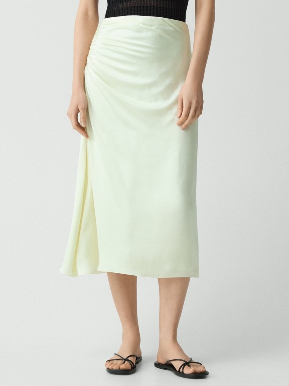 Theory Good Collection Pale Lemon Yellow Side Ruched Crushed Satin Midi Skirt